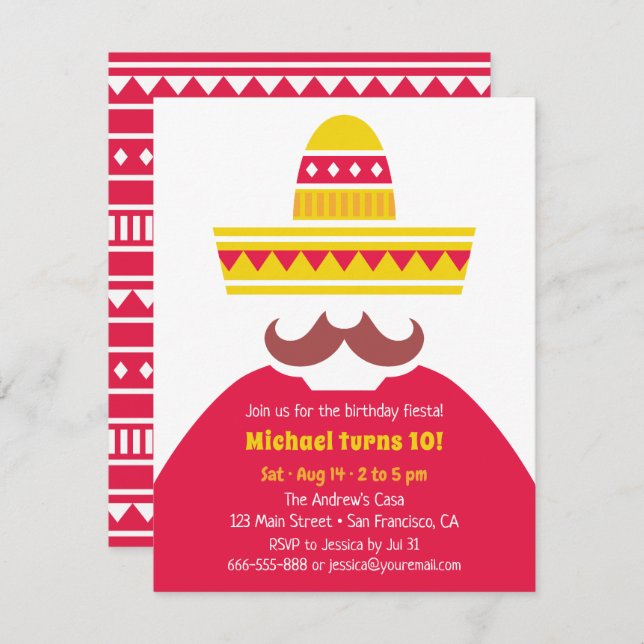 Trendy Mexican Sombrero Mustache Fiesta Party Einladung (Vorne/Hinten)