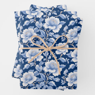 Trendy minimalistisch Vintag Blue White Blume Chin Geschenkpapier Set