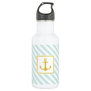 Trendy Mint Blue Pattern Golden Anchor Trinkflasche