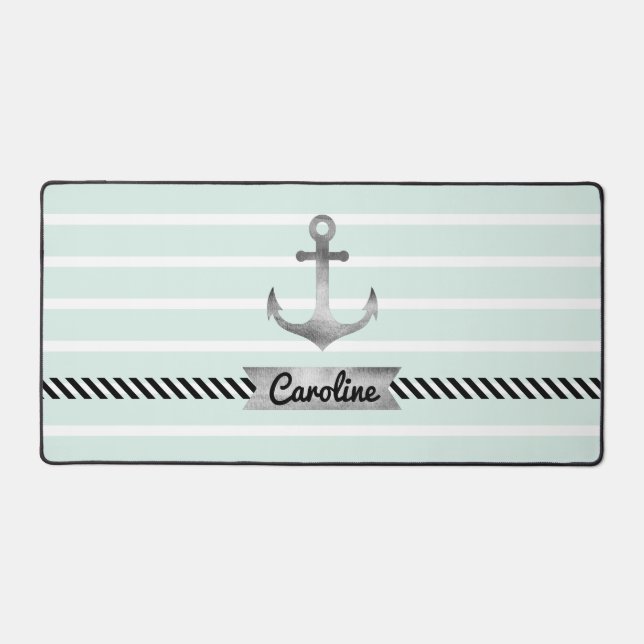 Trendy Mint Green Stripes und Aquarellanschor Schreibtischunterlage (Vorderseite)