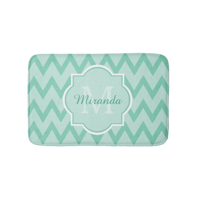 Trendy Mint Green Zickzack Zigzag Name und Monogra Badematte (Vorderseite)