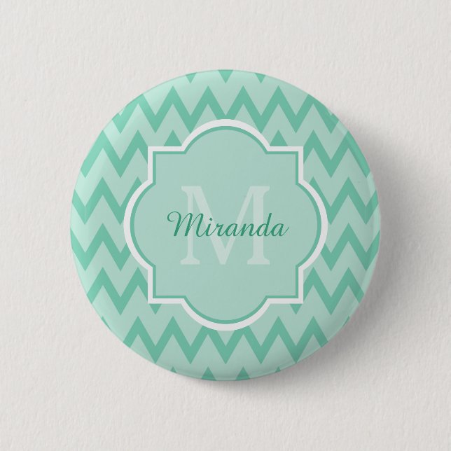 Trendy Mint Green Zickzack Zigzag Name und Monogra Button (Vorderseite)