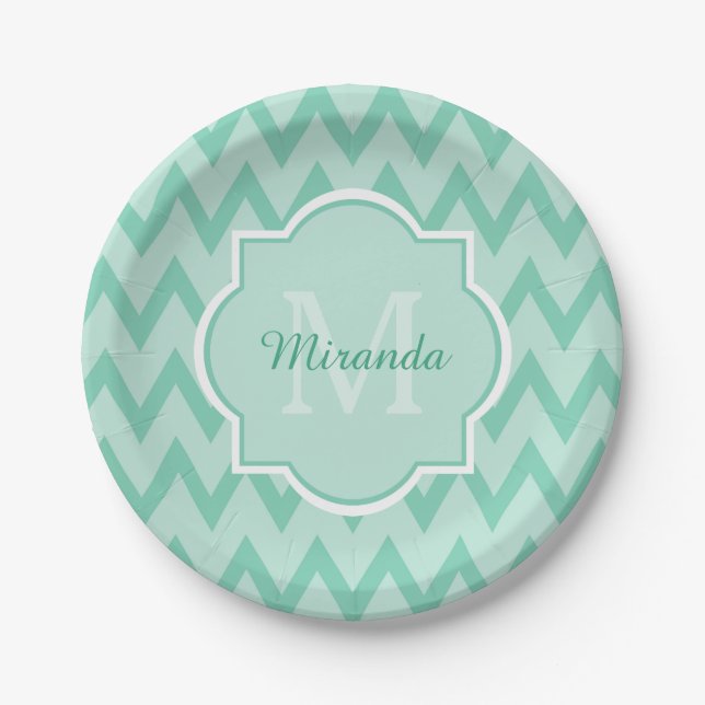 Trendy Mint Green Zickzack Zigzag Name und Monogra Pappteller (Vorderseite)