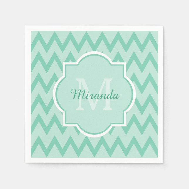 Trendy Mint Green Zickzack Zigzag Name und Monogra Serviette (Vorderseite)