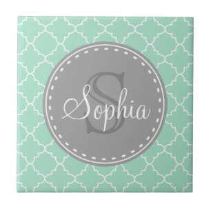 Trendy Mint Trellis Pattern Gray Monogram Fliese