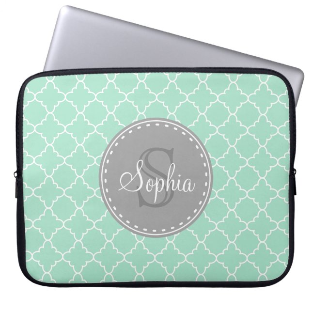 Trendy Mint Trellis Pattern Gray Monogram Laptopschutzhülle (Vorderseite)