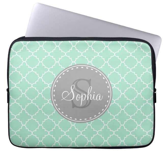 Trendy Mint Trellis Pattern Gray Monogram Laptopschutzhülle (Vorderseite)