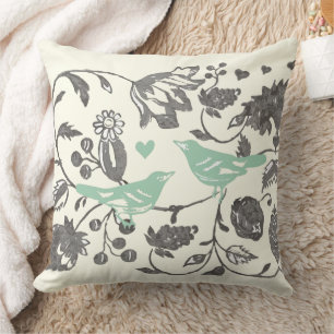 Trendy Mint und Grauer Vintager Blütenvogel Kissen