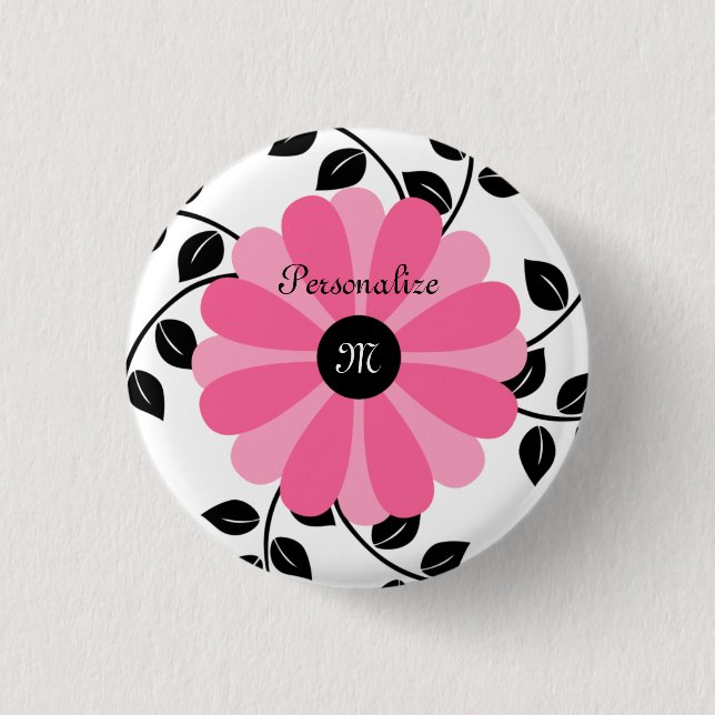 Trendy mit Monogramm rosa und schwarze Blume mit Button (Vorderseite)