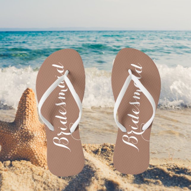 Trendy Mocha Stylized Wedding Bridesmaid Flip Flops (In Situ Beach)
