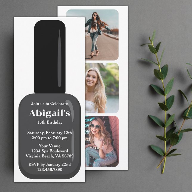 Trendy Modern Black & White Nail Polnisch Geburtst Einladung (Von Creator hochgeladen)