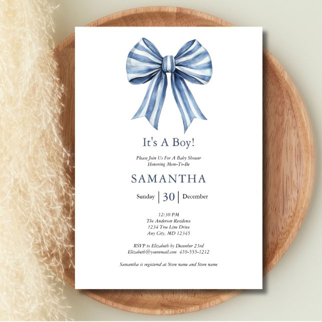 Trendy Modern Blue Bow Boy Baby Dusche Einladung (Blue Bow Boy Baby shower invitation. Printed or Instant digital download)