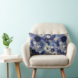 Trendy Modern Blue White 3D Floral Muster Lendenkissen