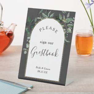 Trendy Modern Boho arch Botanic Greenery Gästebuch Sockelschild