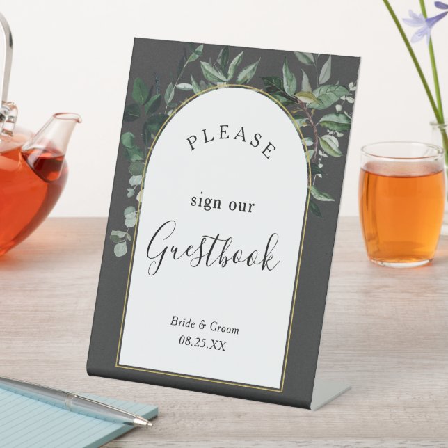 Trendy Modern Boho arch Botanic Greenery Gästebuch Sockelschild (In Situ)