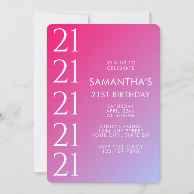 Trendy Modern Bold Pink Gradient 21st Birthday Einladung (Vorderseite)