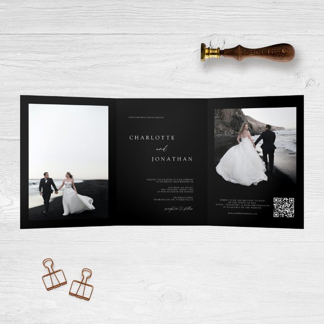 Trendy Modern Foto Black Wedding Dreifach Gefaltete Einladung (Von Creator hochgeladen)