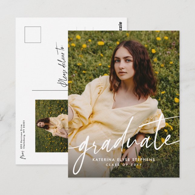 Trendy modern graduate simple two photo graduation postkarte (Vorne/Hinten)