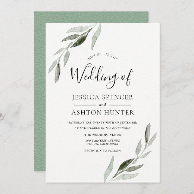 Trendy Modern Green Leaf Wedding Einladung (Vorne/Hinten)