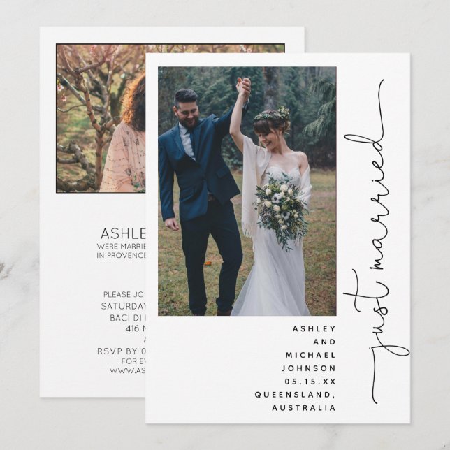 Trendy Modern Just Married Empfang Nur 2 Foto Einladung (Vorne/Hinten)