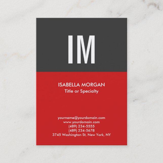 Trendy Modern Monogram Gray Red Visitenkarte (Vorderseite)