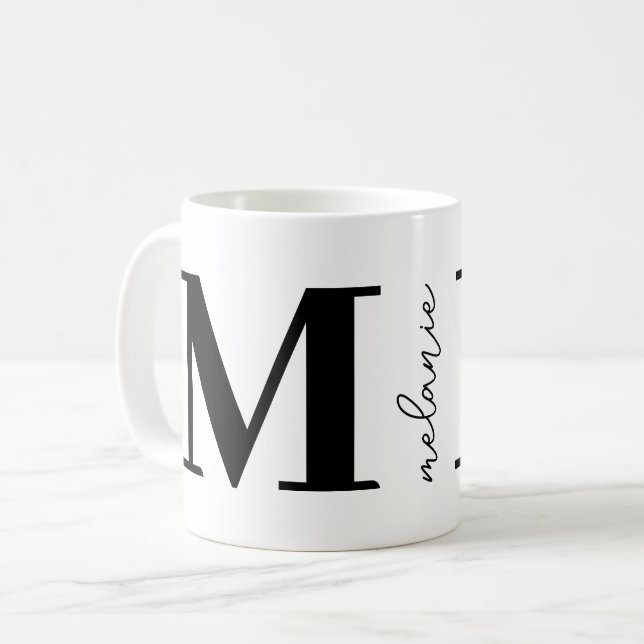Trendy Modern Monogram Name Schwarz-weiß Coffee Ta Kaffeetasse (Vorderseite Links)