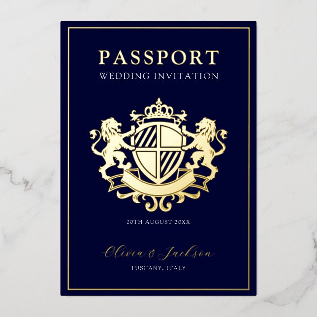 Trendy Modern Passport Wedding Invitation Foil Inv Folieneinladung (Vorderseite)