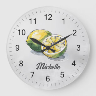 Trendy Modern Personalisiert Watercolor Yellow Lem Große Wanduhr