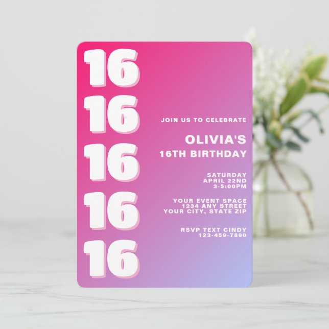 Trendy Modern Pink Gradient 16th Birthday Einladung (Stehend Vorderseite)