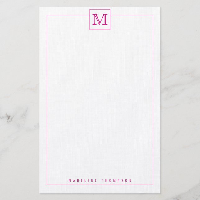 Trendy Modern Pink Initial Monogram Square Rand Briefpapier (Vorderseite)