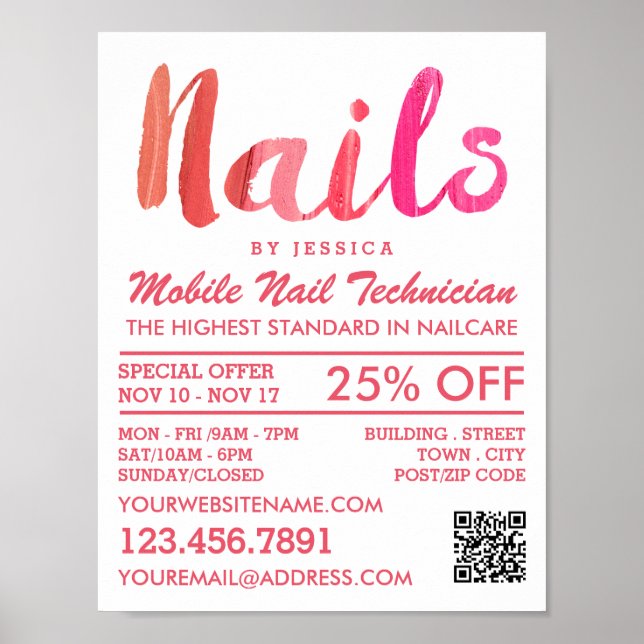Trendy Modern Pink Nail Technician, Nagelstudio Poster (Vorne)