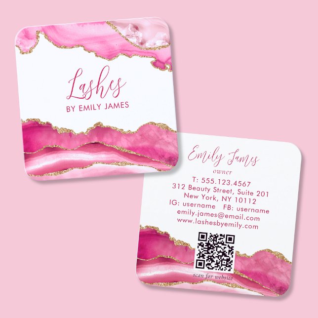 Trendy Modern Pink Script Agate QR Code Quadratische Visitenkarte (Von Creator hochgeladen)
