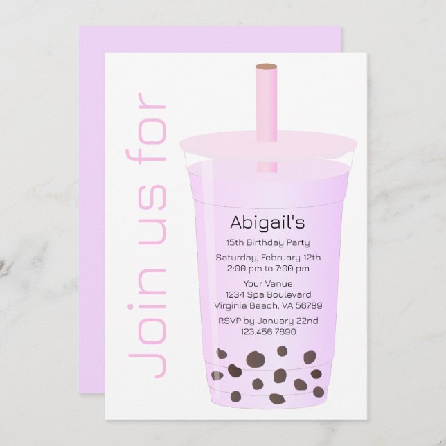 Trendy Modern Pink und Lavender Boba Tea Geburtsta Einladung (Vorne/Hinten)