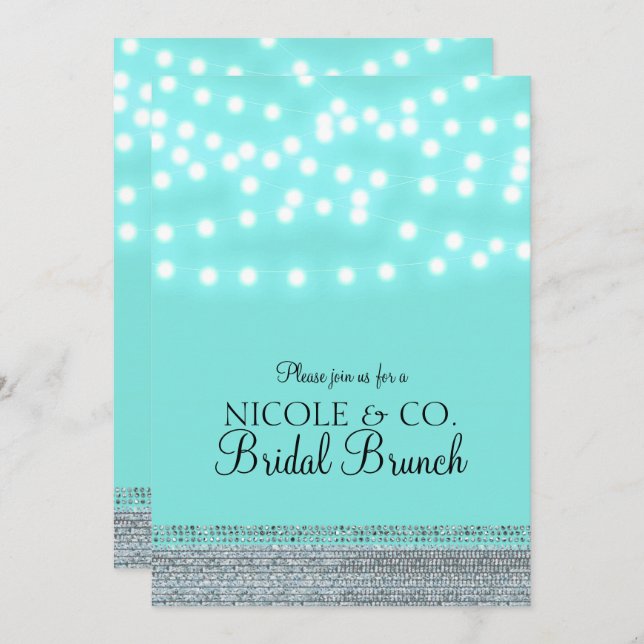 Trendy Modern Türkis Blue String Lights & Bling Einladung (Vorne/Hinten)