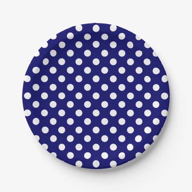 Trendy Modern White Polka Dots on Dark Navy Blue Pappteller (Vorderseite)