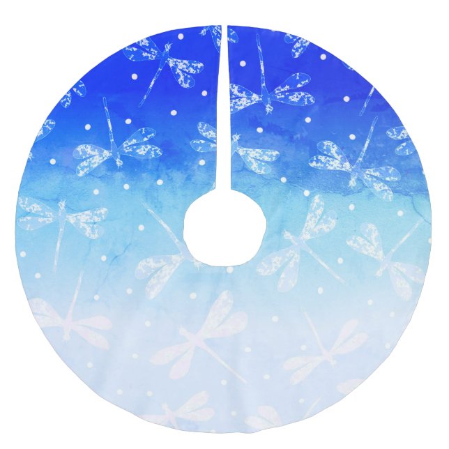 Trendy, moderne, blaue Omeletter und Libellen Polyester Weihnachtsbaumdecke (Vorderseite)
