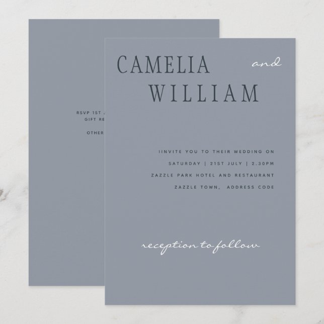Trendy Moderne Hochzeit Staubblau Weiße Schrift Einladung (Vorne/Hinten)