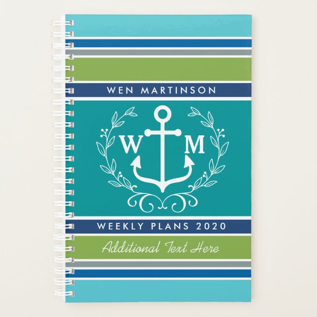 Trendy Monogram Anchor Laurel Wreath Stripes Aqua Planer (Vorderseite)