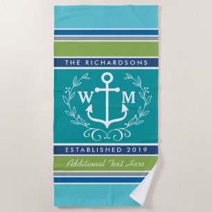 Trendy Monogram Anchor Laurel Wreath Stripes Aqua Strandtuch