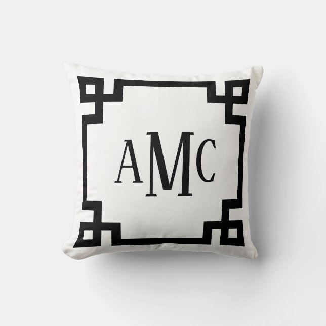 Trendy Monogram Black and White Greece Key Border Kissen (Vorderseite)