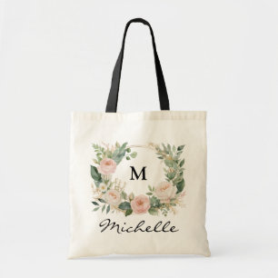 Trendy Monogram Burgundy Floral Wreath Script Name Tragetasche