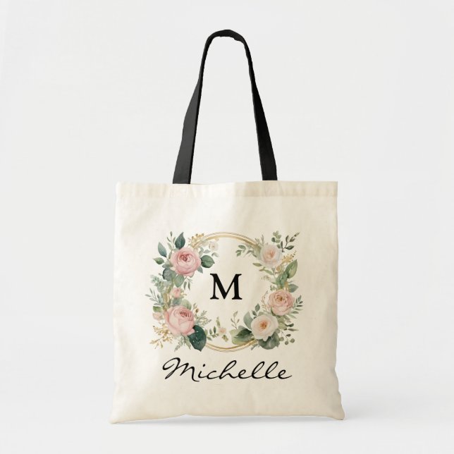 Trendy Monogram Burgundy Floral Wreath Script Name Tragetasche (Vorne)