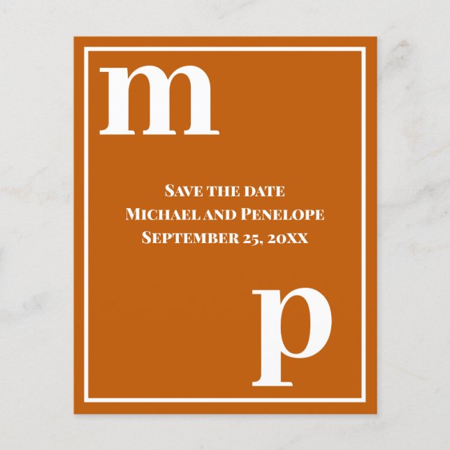 Trendy Monogram Burnt Orange Budget Save the Date Flyer (Vorne)