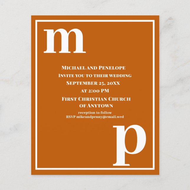 Trendy Monogram Burnt Orange Budget Wedite Flyer (Vorne)