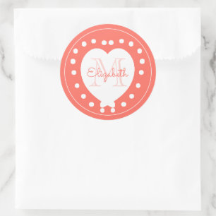 Trendy Monogram Coral White Heart Runder Aufkleber