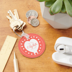 Trendy Monogram Coral White Heart Schlüsselanhänger