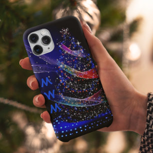 Trendy Monogram Glitzer Christmas Tree Navy iPhone 14 Pro Hülle
