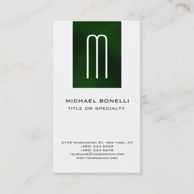 Trendy Monogram Green Strip White Business Card Visitenkarte (Vorderseite)
