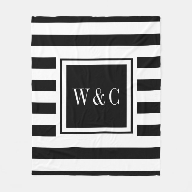Trendy Monogram Moderner Schwarz-weißer Streifen Fleecedecke (Vorderseite)