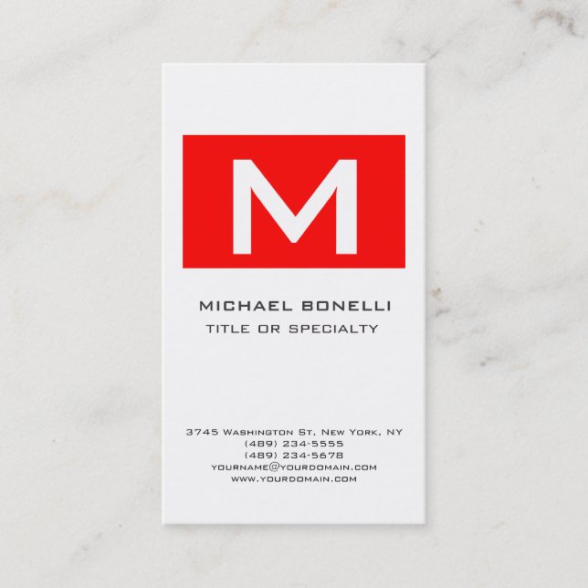 Trendy Monogram Red White Modern Business Card Visitenkarte (Vorderseite)